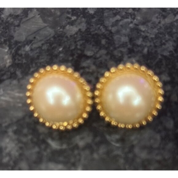 Vintage Monet Gold-Tone Clip-On Earrings With Faux Pearl Center & Beaded Trim - Picture 3 of 8